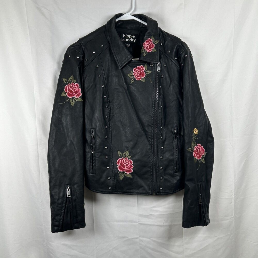 Hippie Laundry Faux Leather Black Jacket XL Studded Floral Embroidery Cropped